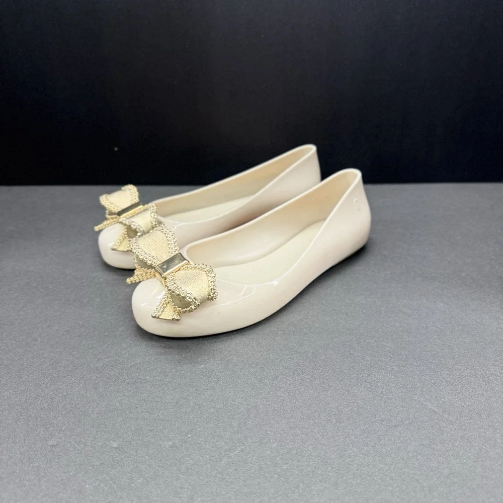 Mini Melissa Girls Mary Jane Jelly Shoes Cream Beige Glitter Bow Size 3